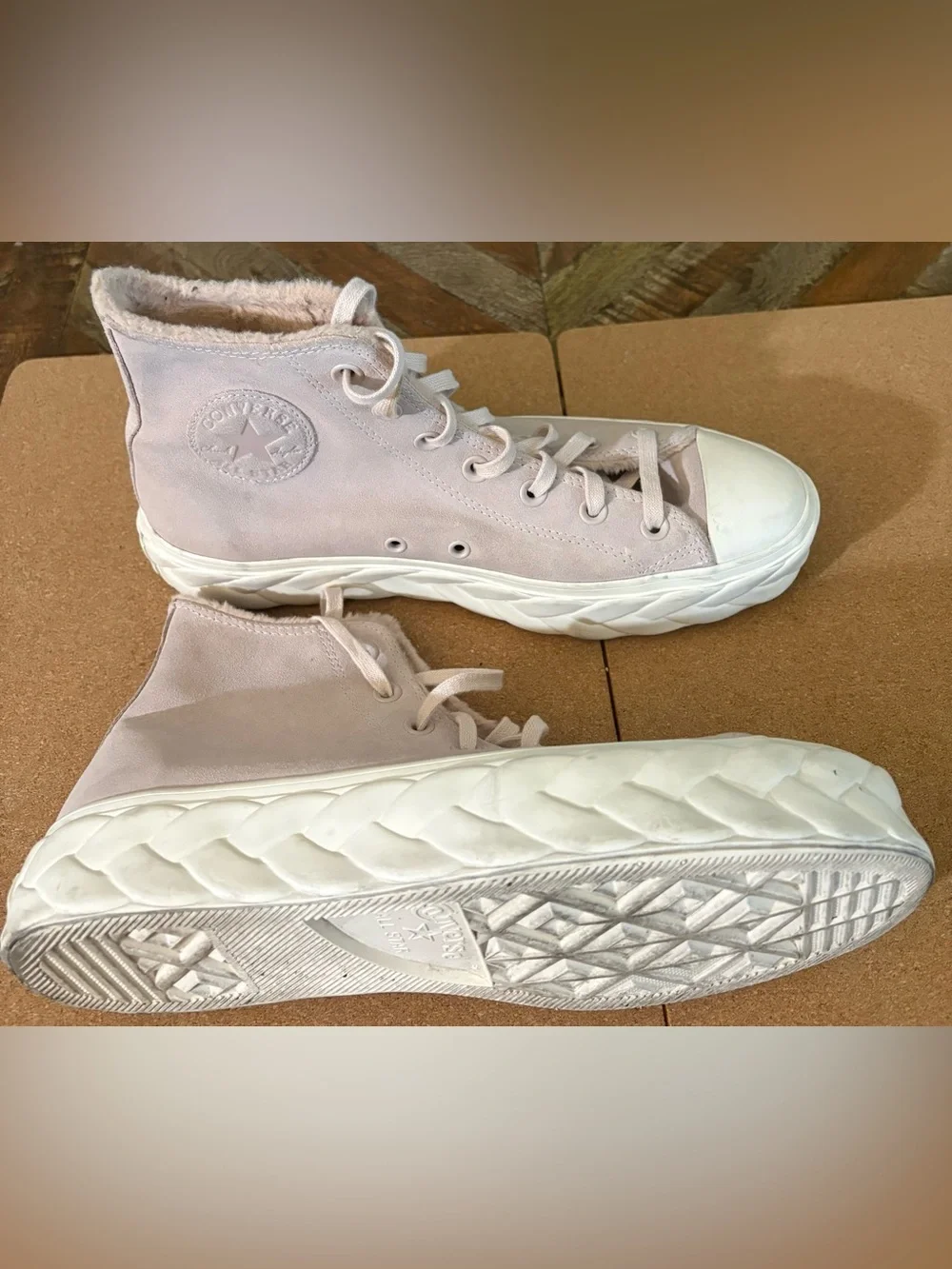 Converse All Star CT Sherpa High-Top Platform Sneakers in Pale Pink Suede